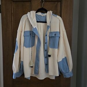 POL Cream and Blue Textured Jacket